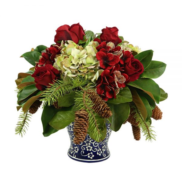 Creative Displays Hydrangea and Rose Holiday Arrangement in a Decorative Ceramic Vase