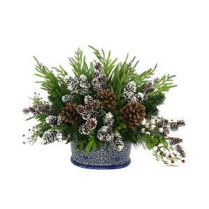 Creative Displays Holiday Arrangement with Assorted Pinecones and Evergreen in Blue/White Ceramic Oval Vase