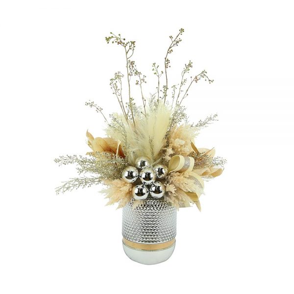 Creative Displays Holiday Arrangement with Pampas and Ornaments in Tall Silver/Gold Glass Vase