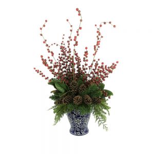 Creative Displays Holiday Arrangement with Evergreen, Berries and Pinecone in Blue/White Ceramic Decorative Vase
