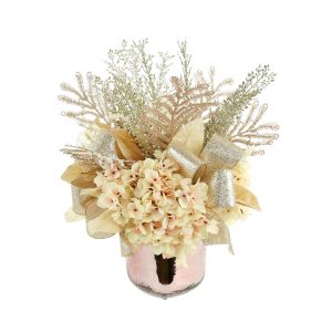 Holiday Arrangement with Hydrangea, Glittery Leaves and Bows