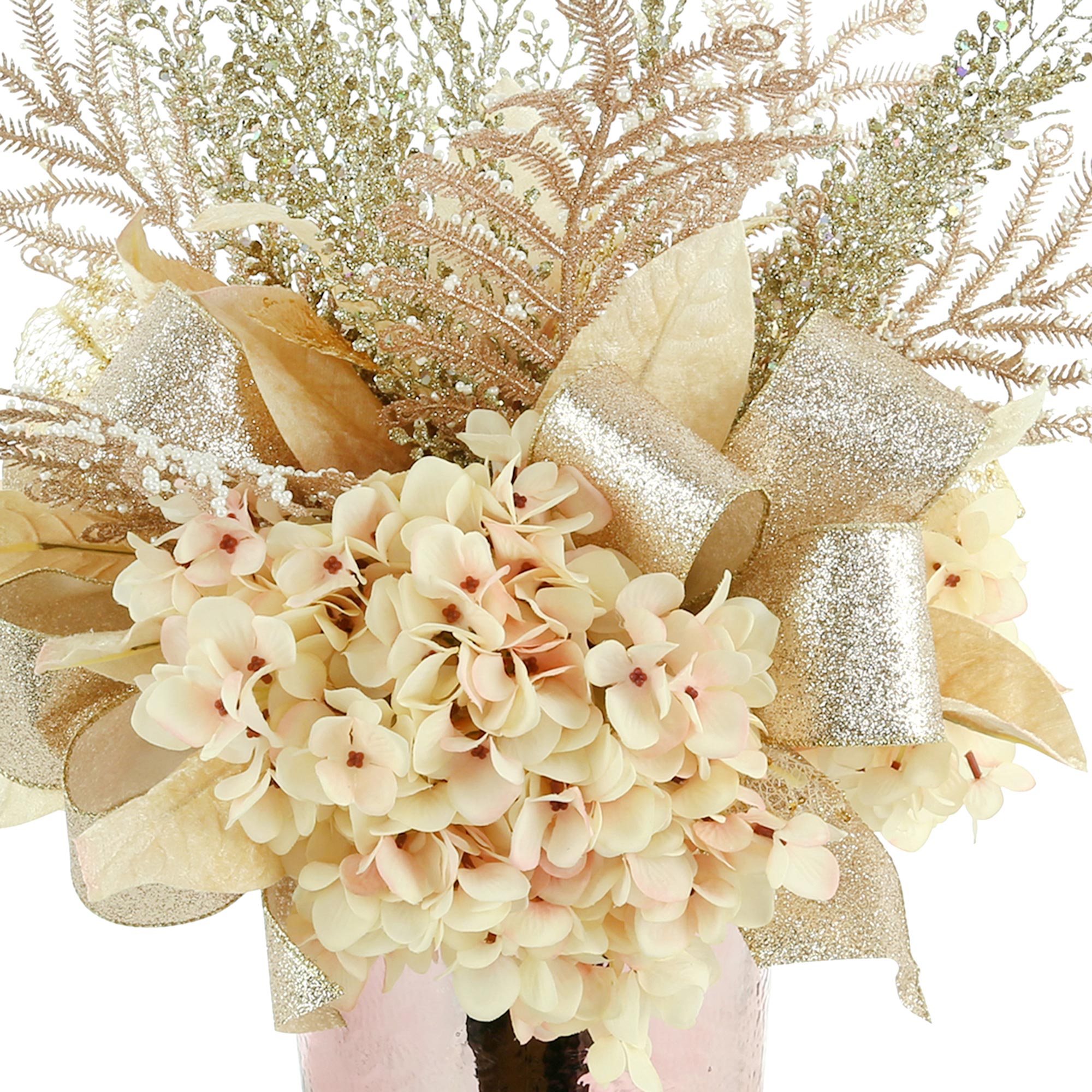Creative Displays Holiday Arrangement with Hydrangea, Glittery Leaves and Bows