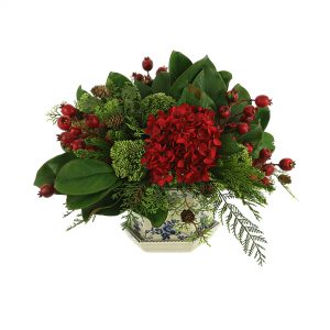 Creative Displays Holiday Arrangement with Hydrangea, Evergreen and Sedum in Blue/White Ceramic Pot