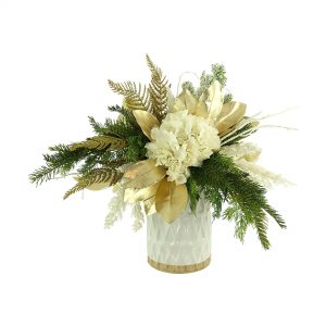 Creative Displays Holiday Arrangement with Hydrangea and Evergreen in White Ceramic Vase