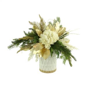 Creative Displays Holiday Arrangement with Hydrangea and Evergreen in White Ceramic Vase