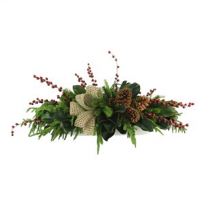 Creative Displays Holiday Centerpiece with Evergreen, Berries, Bows and Pinecones in White Fiberstone Planter