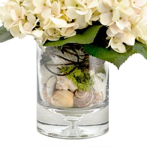 Creative Displays Floral Arrangement with Hydrangea, Shells and Moss in Clear Glass Vase