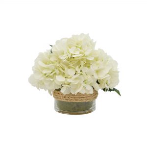 Creative Displays Floral Arrangement with White Hydrangea and Moss in Glass Vase with Rope
