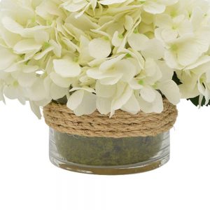 Creative Displays Floral Arrangement with White Hydrangea and Moss in Glass Vase with Rope