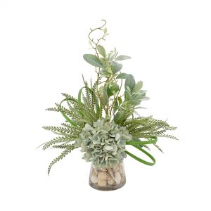 Creative Displays Floral Arrangement with Seafoam Hydrangea, Lambs Ear, Fern, Shells, Vine and Grass Blade in Clear Glass Vase