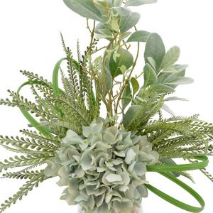 Creative Displays Floral Arrangement with Seafoam Hydrangea, Lambs Ear, Fern, Shells, Vine and Grass Blade in Clear Glass Vase