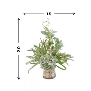 Creative Displays Floral Arrangement with Seafoam Hydrangea, Lambs Ear, Fern, Shells, Vine and Grass Blade in Clear Glass Vase