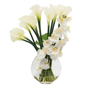 Creative Displays Floral Arrangement with Orchids, Calla Lily and Philodendron Leaves in Clear Circular Glass Vase