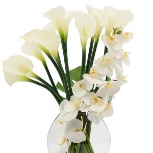 Creative Displays Floral Arrangement with Orchids, Calla Lily and Philodendron Leaves in Clear Circular Glass Vase