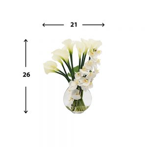 Creative Displays Floral Arrangement with Orchids, Calla Lily and Philodendron Leaves in Clear Circular Glass Vase