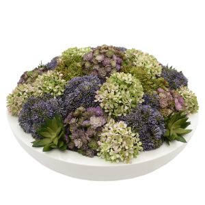 Creative Displays Floral Arrangement with Assorted Sedum, Succulents and Snowball Hydrangea in Glossy White Fiberstone Round Planter