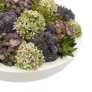 Creative Displays Floral Arrangement with Assorted Sedum, Succulents and Snowball Hydrangea in Glossy White Fiberstone Round Planter