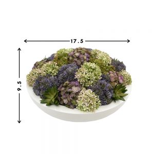 Creative Displays Floral Arrangement with Assorted Sedum, Succulents and Snowball Hydrangea in Glossy White Fiberstone Round Planter