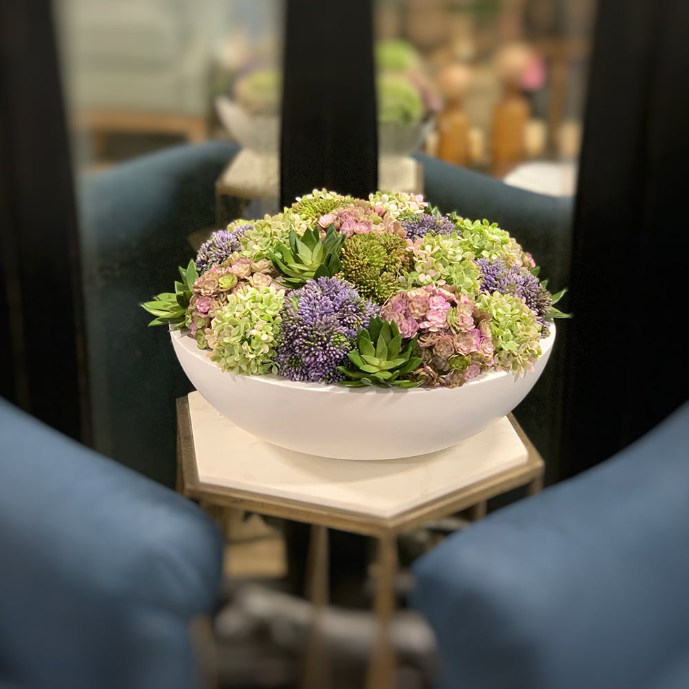 Creative Displays Floral Arrangement with Assorted Sedum, Succulents and Snowball Hydrangea in Glossy White Fiberstone Round Planter