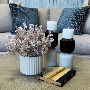 Creative Displays Floral Arrangement with Pink Seeded Eucalyptus in White Ribbed Fiberstone, Pot