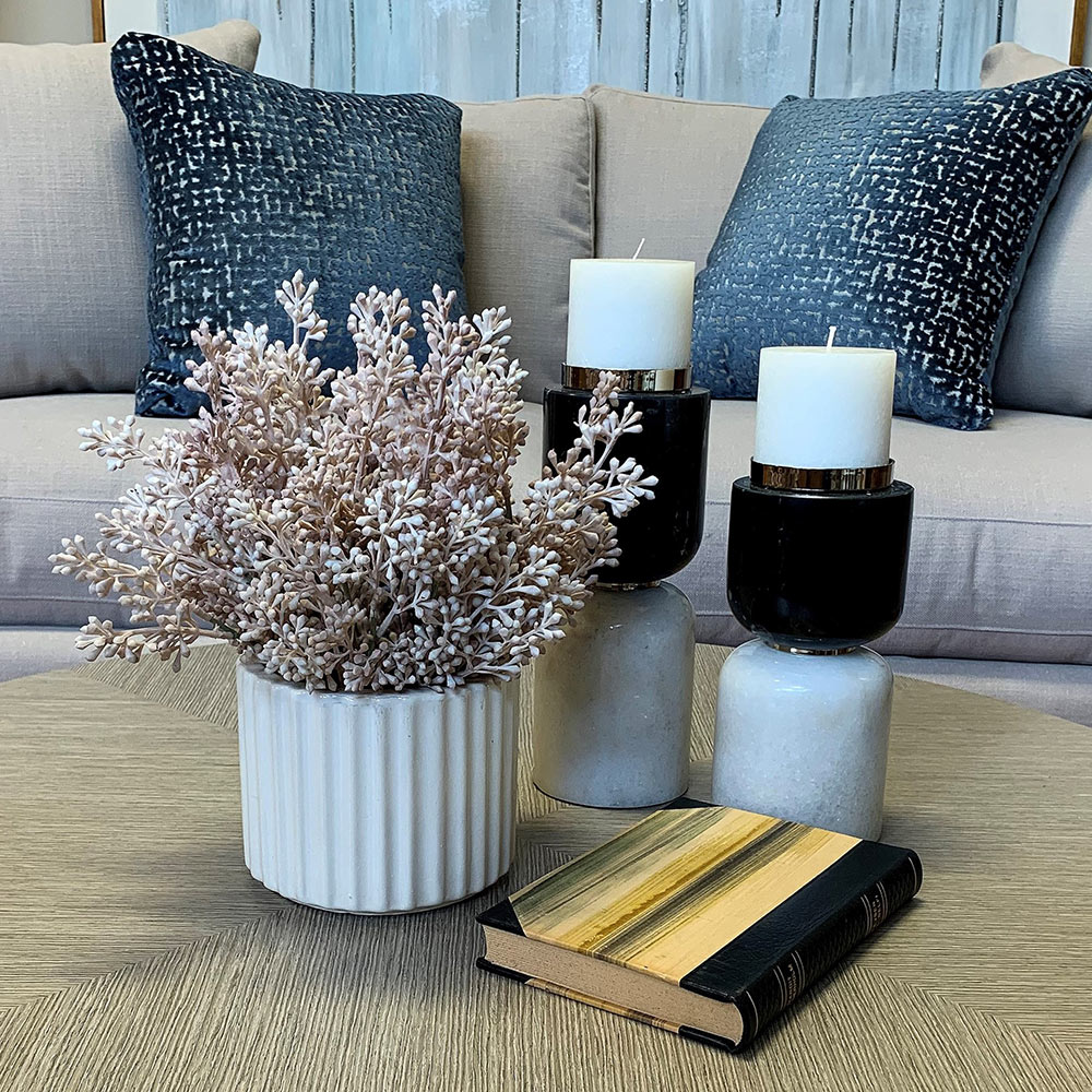 Creative Displays Floral Arrangement with Pink Seeded Eucalyptus in White Ribbed Fiberstone, Pot