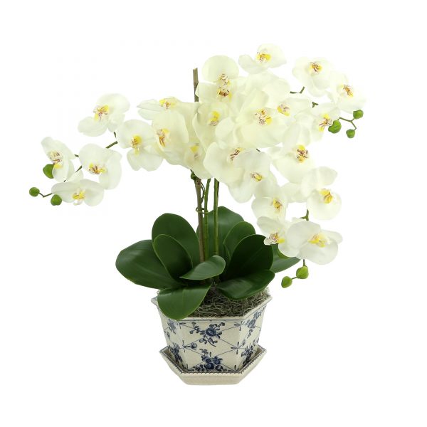 Creative Displays Floral Arrangement with White Orchids, Leaves and Bamboo in Blue/White Decorative Ceramic Vase