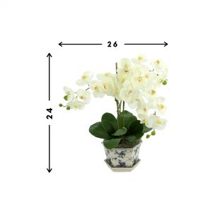 Creative Displays Floral Arrangement with White Orchids, Leaves and Bamboo in Blue/White Decorative Ceramic Vase