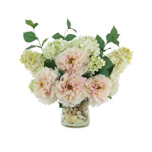 Creative Displays Floral Arrangement with Peonies and Hydrangea in Clear Glass Vase with Seashells