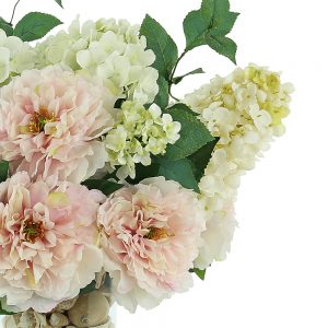 Creative Displays Floral Arrangement with Peonies and Hydrangea in Clear Glass Vase with Seashells