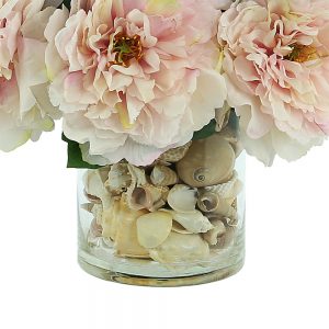 Creative Displays Floral Arrangement with Peonies and Hydrangea in Clear Glass Vase with Seashells