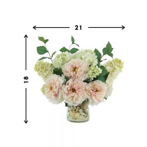 Creative Displays Floral Arrangement with Peonies and Hydrangea in Clear Glass Vase with Seashells