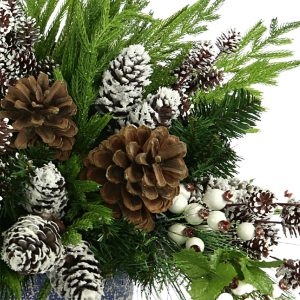 Creative Displays Holiday Arrangement with Assorted Pinecones and Evergreen in Blue/White Ceramic Oval Vase