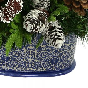 Creative Displays Holiday Arrangement with Assorted Pinecones and Evergreen in Blue/White Ceramic Oval Vase