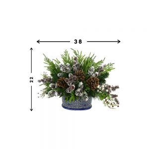 Creative Displays Holiday Arrangement with Assorted Pinecones and Evergreen in Blue/White Ceramic Oval Vase