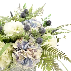 Hydrangea, Ferns and Hops Arranged in a Crystal Bowl Vase