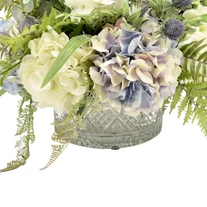 Hydrangea, Ferns and Hops Arranged in a Crystal Bowl Vase