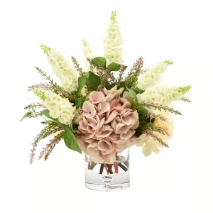 Assorted Hydrangea Bush with Cedar and Lilac in a Glass Vase