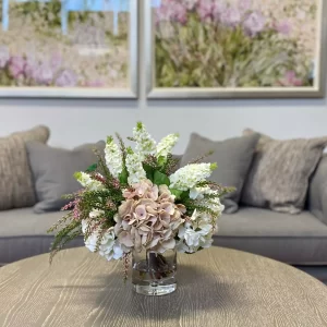 Assorted Hydrangea Bush with Cedar and Lilac in a Glass Vase