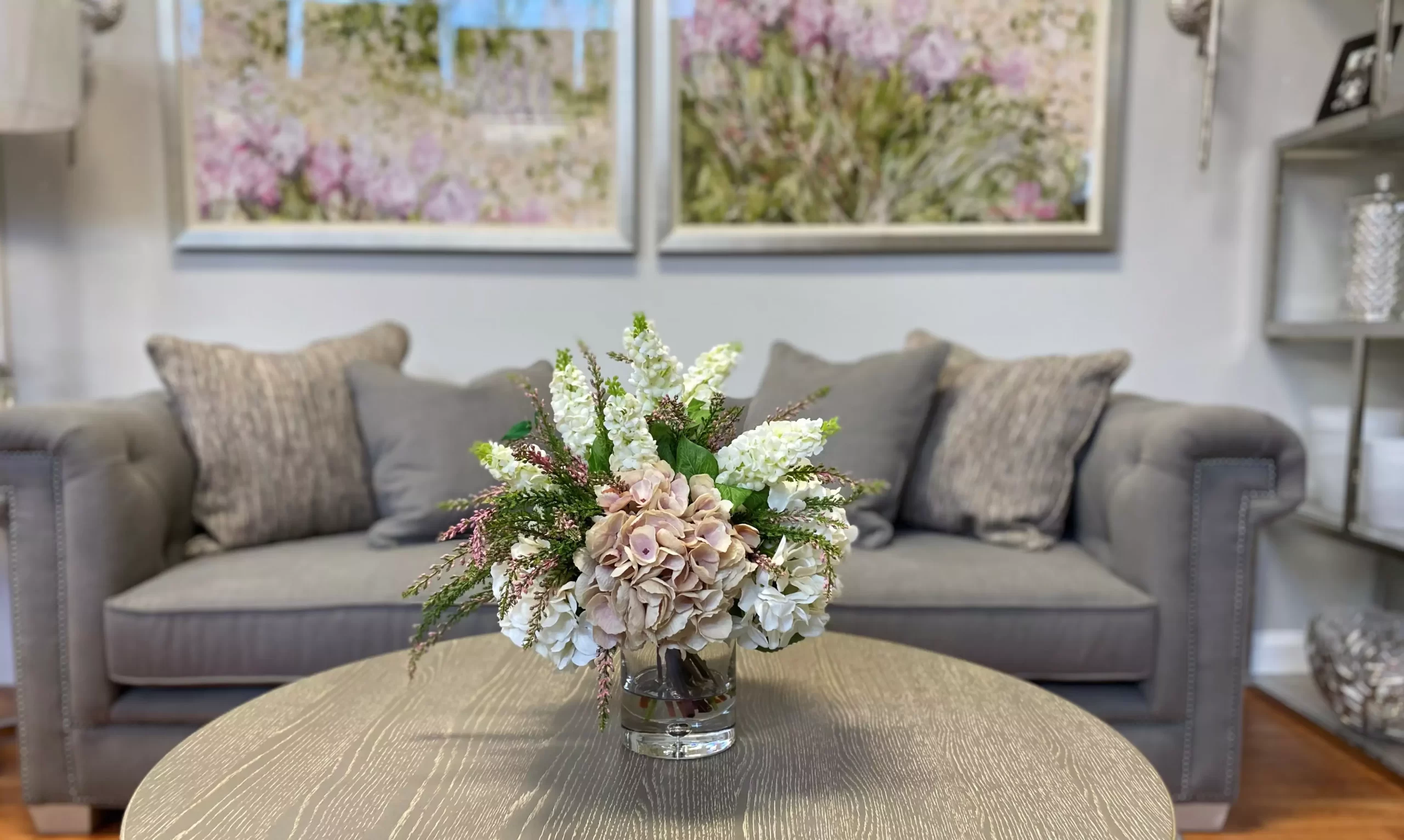 Assorted Hydrangea Bush with Cedar and Lilac in a Glass Vase