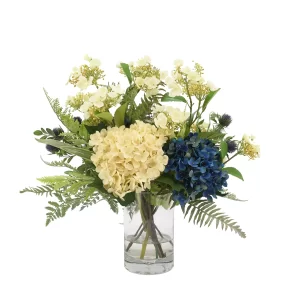 Blue and Cream Hydrangeas, White Viburnum, Thistle & Fern in Vase with Acrylic Water