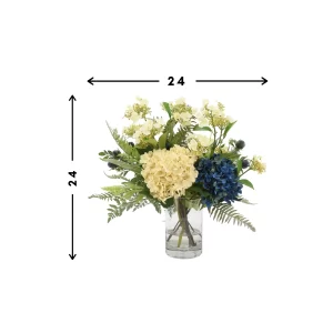 Blue and Cream Hydrangeas, White Viburnum, Thistle & Fern in Vase with Acrylic Water