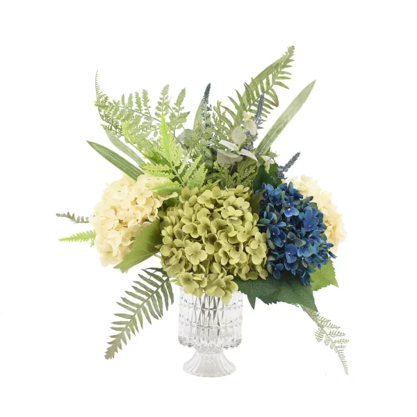 Assorted Hydrangea Arrangement with Mixed Fern in a Glass Pedestal Vase