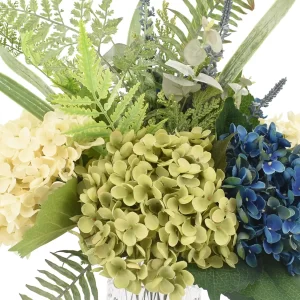 Assorted Hydrangea Arrangement with Mixed Fern in a Glass Pedestal Vase