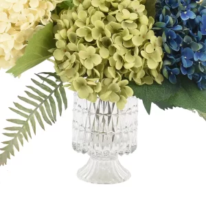 Assorted Hydrangea Arrangement with Mixed Fern in a Glass Pedestal Vase