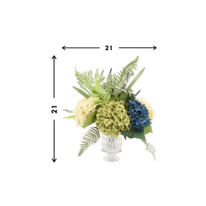 Assorted Hydrangea Arrangement with Mixed Fern in a Glass Pedestal Vase