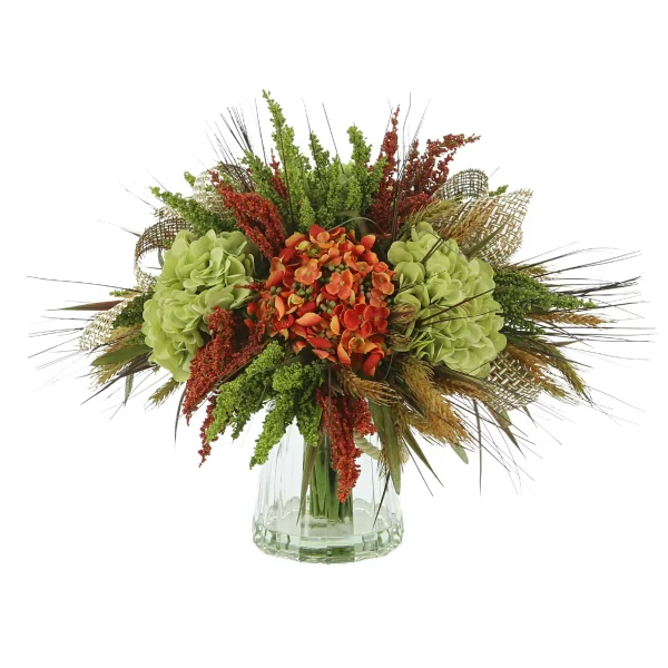 Assorted Hydrangea and Heather with Wheat in a Glass Vase