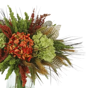Assorted Hydrangea and Heather with Wheat in a Glass Vase