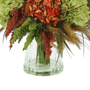 Assorted Hydrangea and Heather with Wheat in a Glass Vase