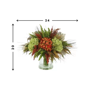 Assorted Hydrangea and Heather with Wheat in a Glass Vase