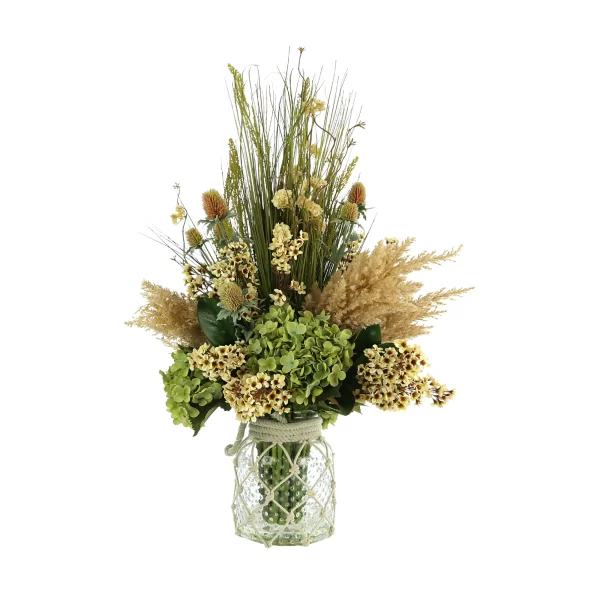 Hydrangeas, Lilac and Pampas Arranged in a Glass Vase with Rope